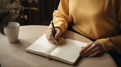 A woman in light colored clothes is sitting on a chair journaling. There is a small table next to her with a cup of coffee